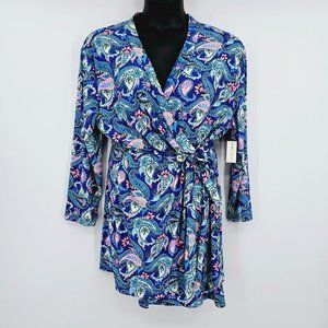Bobbie Brooks Sleepwear Short Robe L Blue Pink Paisley Print Soft Tie Waist New